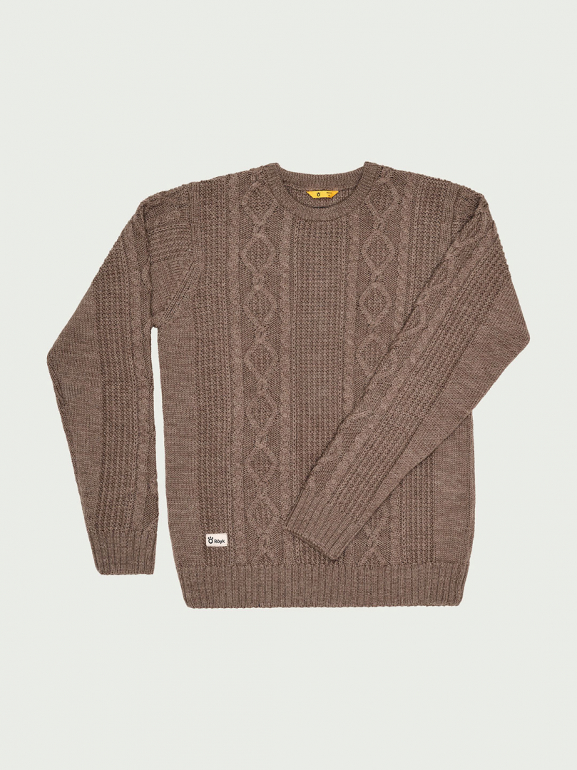 Men's Merino Cable Knit Crew Neck - Light Brown